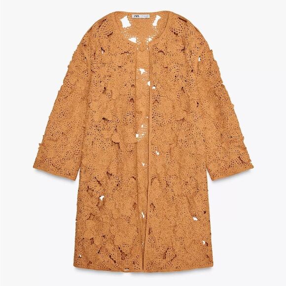 Zara Macramé Open Knit Boho Cardigan Coat Small - Picture 4 of 12